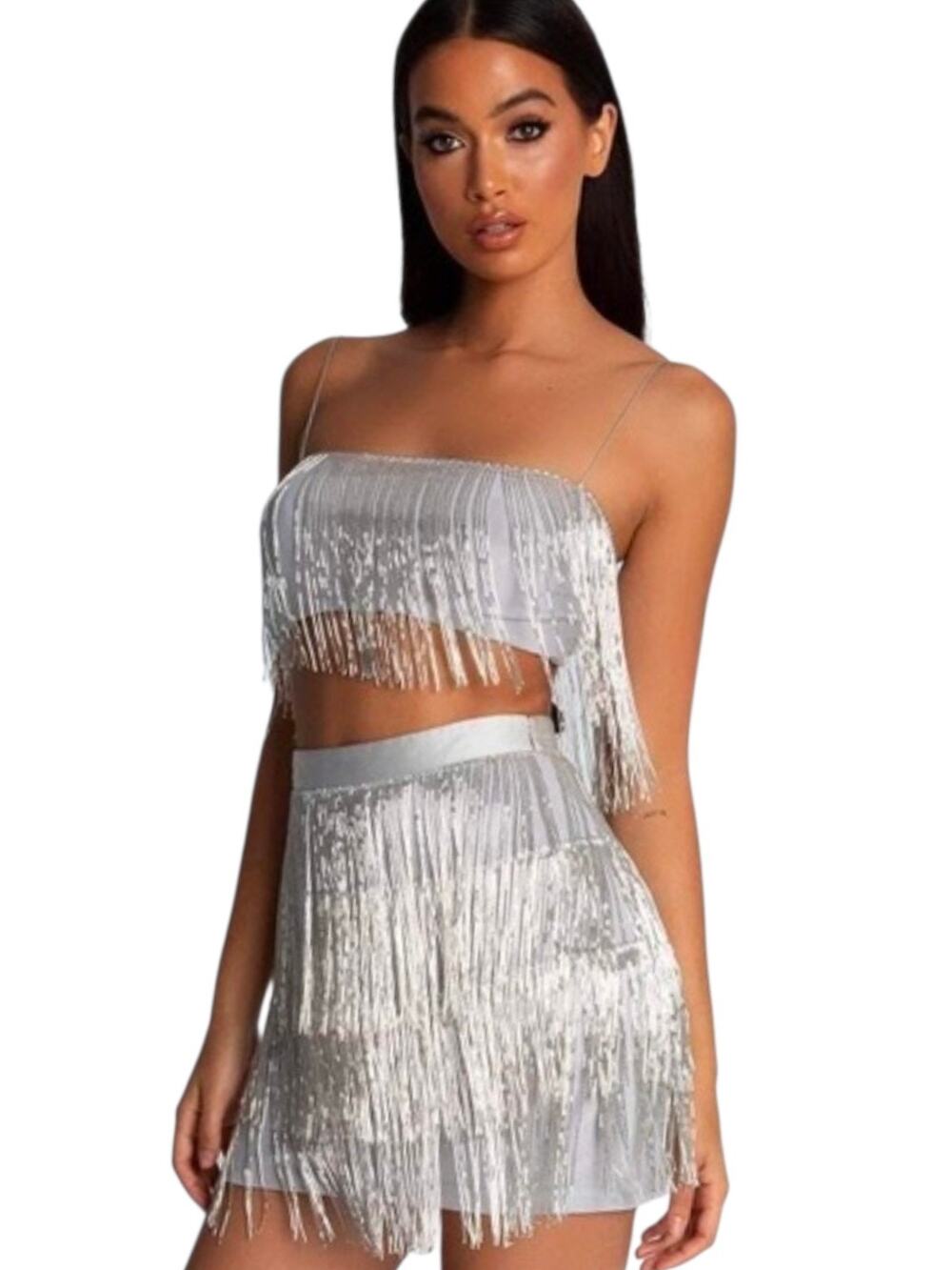 MESHKI Silver Sofia Beaded Fringe Crop Top